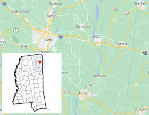A map of the state of alabama with an arrow pointing to the location.